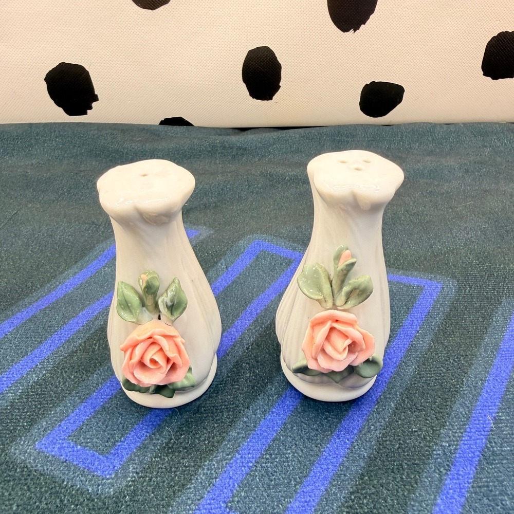 Vintage Porcelain Rose Salt and Pepper Shakers Set 3D Applied Pink Florals